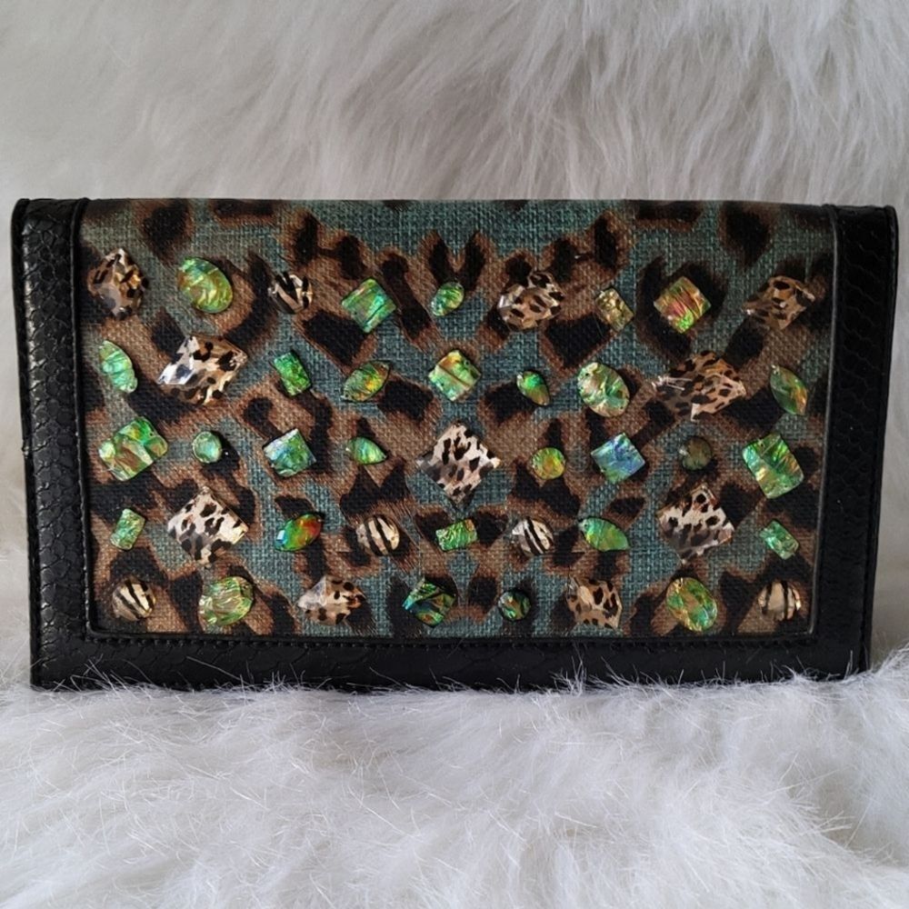 New Christian Audigier Snake Embossed Leather & Jeweled Clutch